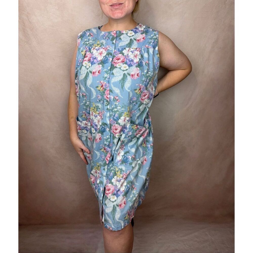 Vintage 90s 80s Blue Floral House Dress Shabby Chic Cottagecore